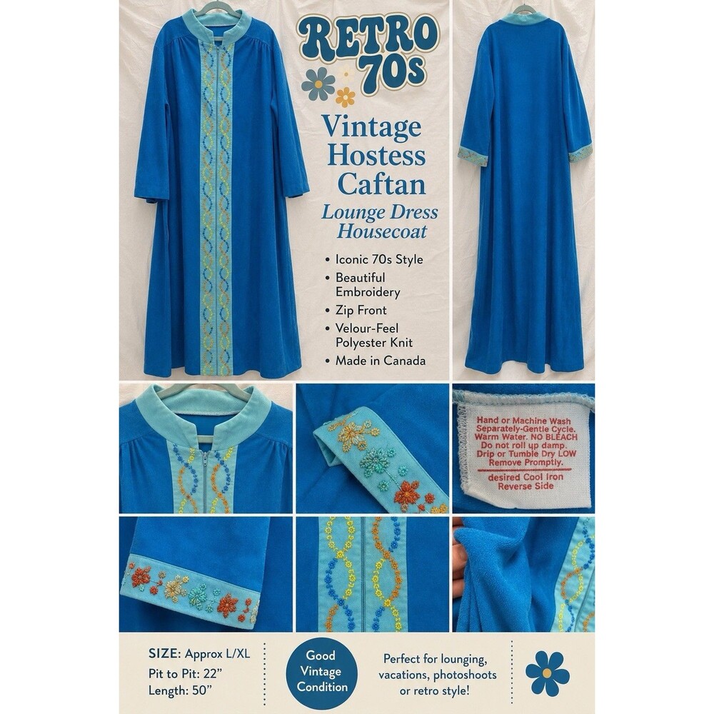 VTG 70s Blue Hostess Caftan Maxi Lounge Dress Boho Grandma Chic Glam